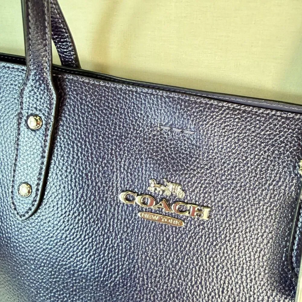Coach NWT #679983 Navy Blue Iridescent Pebble Leather Large Town Tote